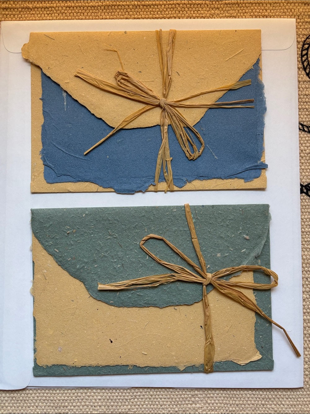 Two Handmade Blue & Green Decorative Envelopes and Note with Natural Raffia Tie